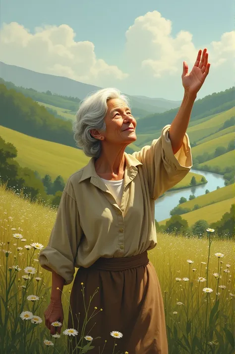 A grandmother raising her hand in a landscape 
