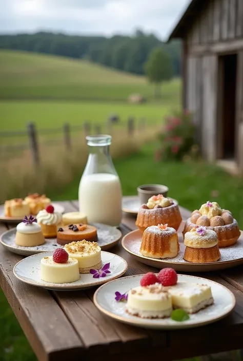 Give me a picture of a variety of dessert bar made from goat milk and served on a wooden table with a bottle of milk and a rural background