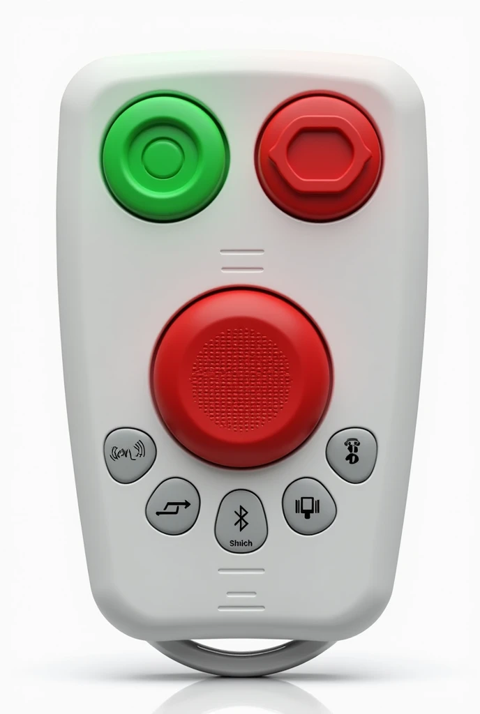 
Portable remote control for opening and closing gates with two side-by-side buttons on the top: one on the left side, green and with a symbol (circle) in high relief e o outro do lado direito, red and with a symbol (squaret) in high relief.  
1 red button...