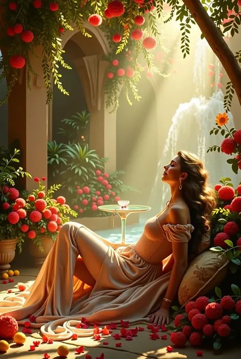 “It creates an allegorical image of the will to pleasure. It represents a human figure in a lush and luxurious environment., surrounded by flowers, fruits, fountains and soft cushions, in a scene bathed in golden light. The figure should be reclining or en...