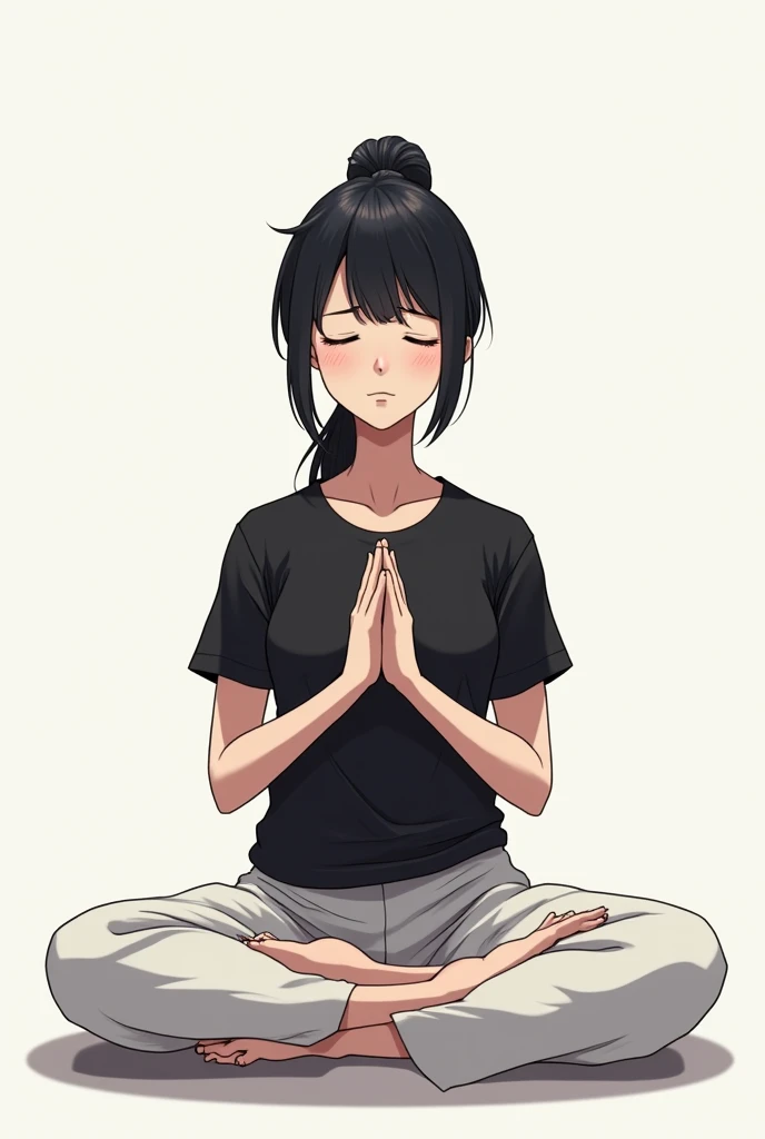 A black-haired girl with a ponytail, She is sitting cross-legged training her mind with her eyes closed, Her hands are clasped together in front of her, His clothes on top are black and on the bottom is a white sweatshirt.
She would be creating small black...