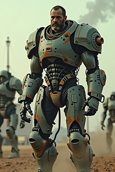 (masterpiece.contract.photorealistic analog photography. 1950 style) In a dystopian retrofuturistic world. tired warrior.he is inside a 3-meter exoskeleton armor. wires, tubes, diesel punk. smoke. Couple.surrounded by bulky evil 1930s war robots. early eve...