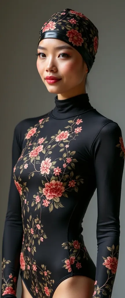 A beautiful asian woman girl wears shinest black floral print lycra dancewear long sleeved turtleneck unitard catsuit covered with many floral patterns.She wears shinest floral print dancewear lycra elastane lycra swimming cap-like costume cap covered with...