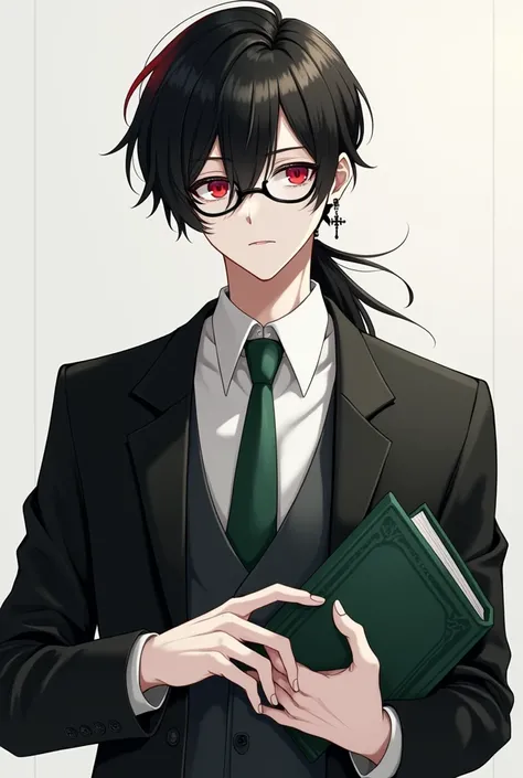 man,Black hair,Red tip,white skin,Red eyes,Wear glasses,Wearing a male student uniform,Hands holding a book,Ponytail,Green tie,Black student uniform,Ear piercing,Wear cross earrings