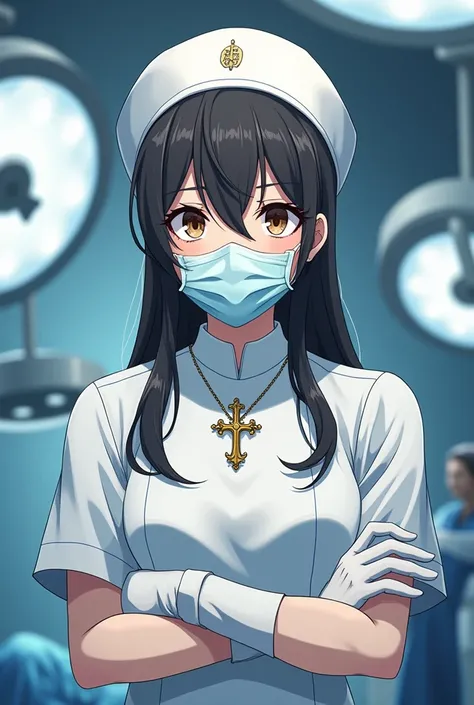 Anime Female Russian surgeon wearing a surgical gown a surgical mask a bouffant cap and latex gloves shes wearing an orthodox cross around her neck has brown eyes and        black hair