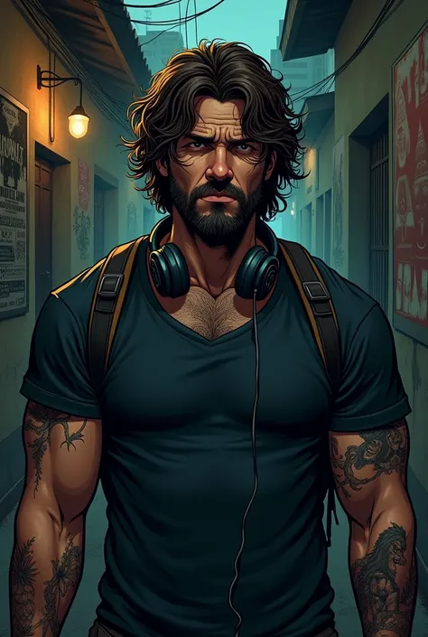 In a dark fantasy comic book style scene, a young Brazilian, tall and burly. He has curly brown hair, long and shaggy wavy, stubble and a serious expression, with a tattoo on his arm and neck and scars. Wearing a dark t-shirt with backpack and headphones. ...