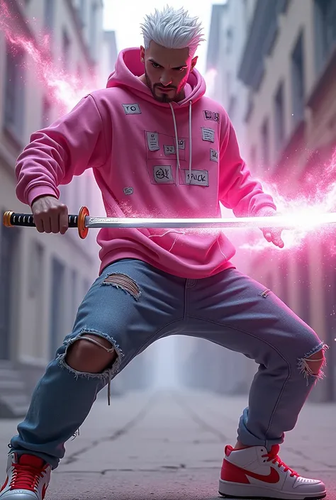 White haired man with black eyes wearing a pink hoodie with some notes in the middle wearing ripped jeans with some red and white Nike sneakers with a shiny white katana doing a power coke attack 