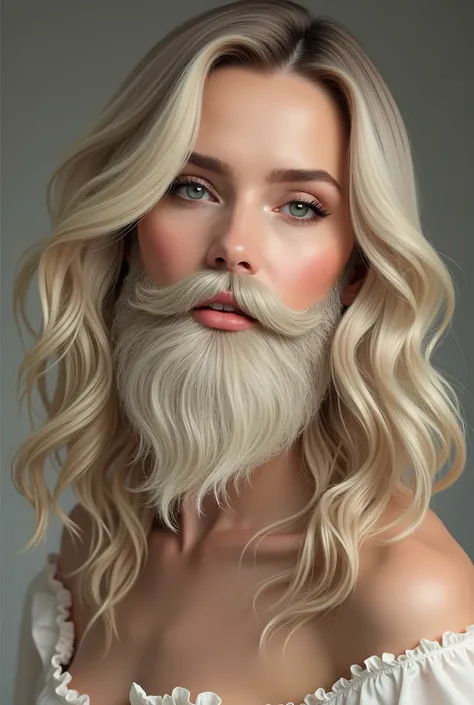 precise portrait, bearded woman with a long hairy and shaggy beard, medium-long blonde hair with side bangs, beautiful long mustache, beautiful eyes, Beautiful Make Up, solo, high resolution