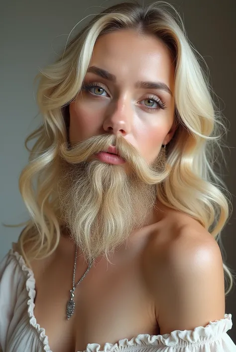 precise portrait, bearded woman with a long hairy and shaggy beard, medium-long blonde hair with side bangs, beautiful long mustache, beautiful eyes, Beautiful Make Up, solo, high resolution