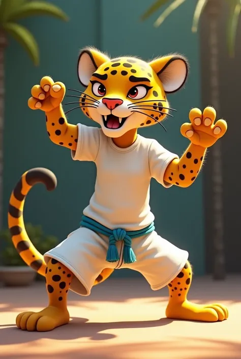 Disney Pixar style jaguar with an aggressive face, with white pants, white t-shirt, blue rope around the waist, Fighting Capoeira in the ginga position defending the chin