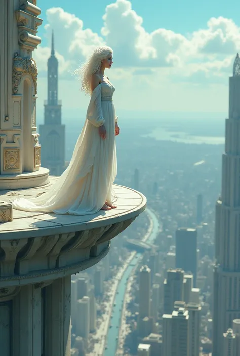 (BreakDomainAnime), beautiful woman with curly white hair and blue eyes, standing on the edge of a platform tower while looking down on the city. The Tower should be big enough to fit at least 10 people