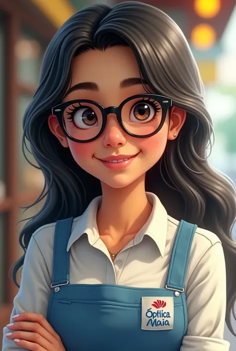   Brazilian girl wearing glasses and a uniform-style blouse with the words Óptica Maia written on it