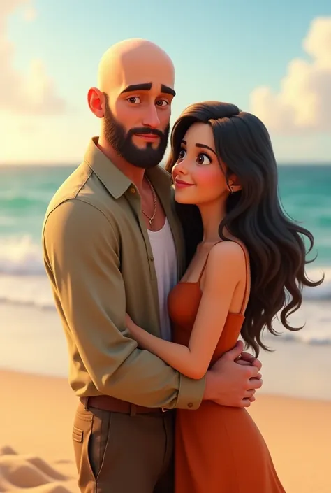 Photo of a couple, bald man with a short beard, dark-haired woman, 3, both are on the beach, Pixar model, man with less expression and stronger