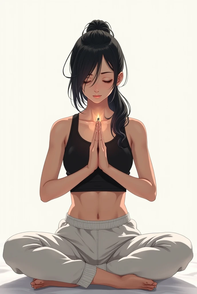 A black-haired girl with a ponytail, She is sitting cross-legged training her mind with her eyes closed, Her hands are clasped together in front of her, His clothes on top are black and on the bottom is a white sweatshirt.
She would be creating small black...