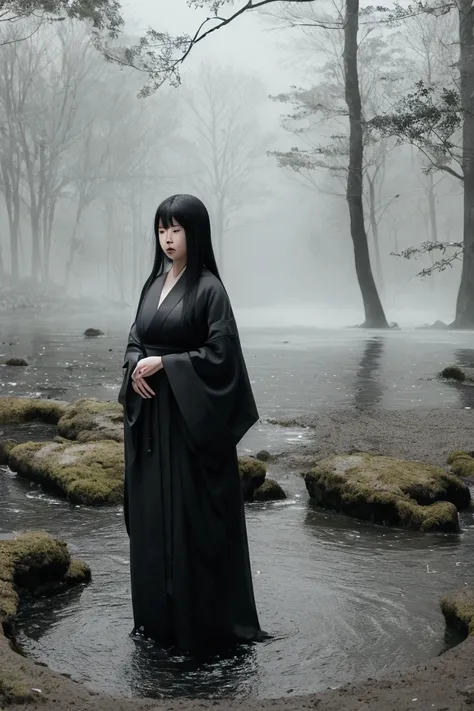 Under the moonlight、By the misty river、A woman is standing、The woman has long, flowing black hair、Wearing a white Japanese kimono、Pale skin、Glowing faintly in the eerie light、Mist swirls at my feet、Dark wood in the background々There is、It&#39;s a quiet and ...