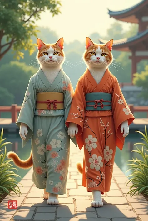 Cats walking side by side in yukata