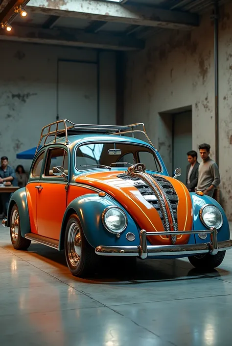 a detailed retro futuristic volkswagen beetle with body kit in an exposition hall, intricate mechanical details, chrome accents, sleek futuristic design, grungy industrial atmosphere, dramatic lighting, cinematic composition, vibrant colors, highly detaile...