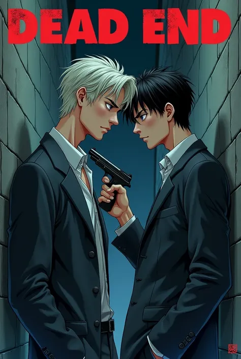 A tall, blue-eyed white blonde boy staring and sensually pointing a gun at the black-haired boy , and has the black-haired white boy cornering him against a wall in an alley with the title text " dead end"  in drawing