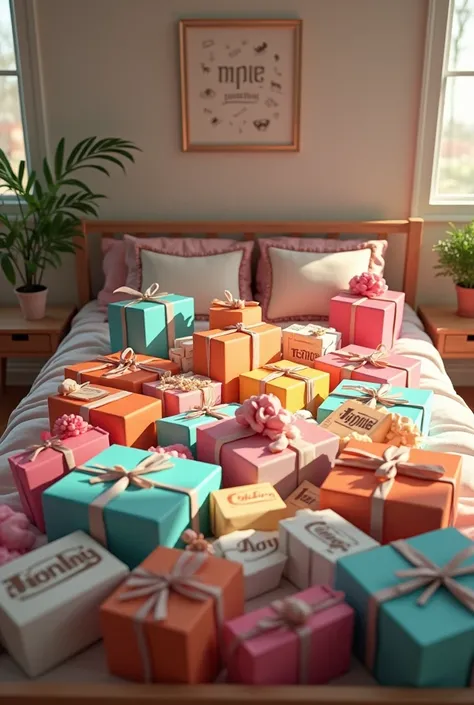 make a realistic picture from a bed full of temu packages and shein packages 