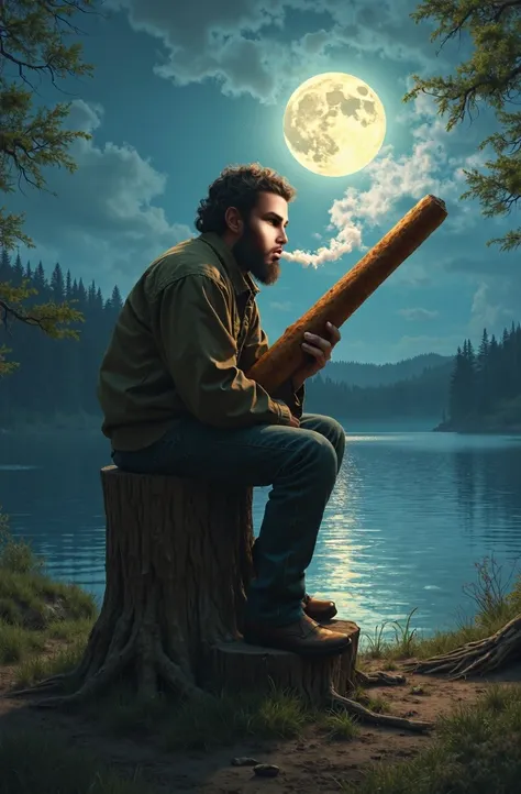 fantasy image, man smoking rolled tobacco , The cigar is the size of an arm, The man is sitting on a tree stump with a lake in the background and the full moon in the sky and reflected in the lake