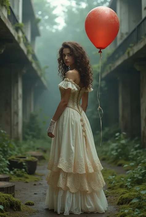 Beautiful girl, Curly brown hair, Victorian embroidered dress, translucent, detailed. Lace glove. Beautiful slim body, voluptuous and exuberant. With a helium balloon. Ruins of an abandoned amusement park. oh, moss, evil, humidity. High resolution, masterp...