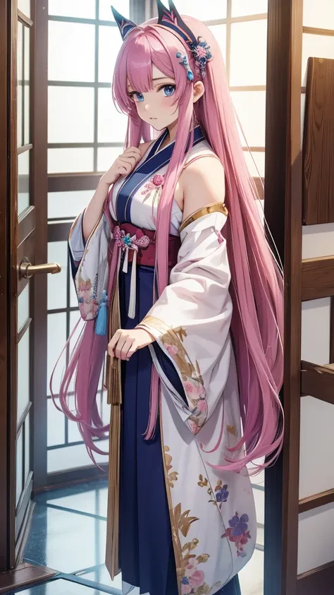 masterpiece,Lacus-bk, 1 Girl, Solitary, Long hair, Pink Hair, very Long hair, Blue Eyes, Hair accessories, Japanese clothes, Separate sleeves