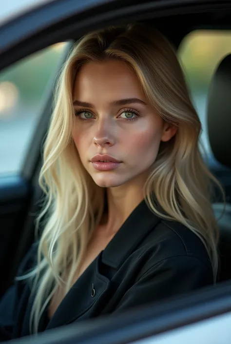 -realistic , photorealistic Femme de 20 ans blonde aux cheveux longs dans une voiture avec une veste noire, Jelena Belova, Anastassija Owtschinnikowa, Petite amie russe, Angelina Stroganova, Anna Nikonova alias Newmilky, Victoria Gavrilenko, irina nordsol ...