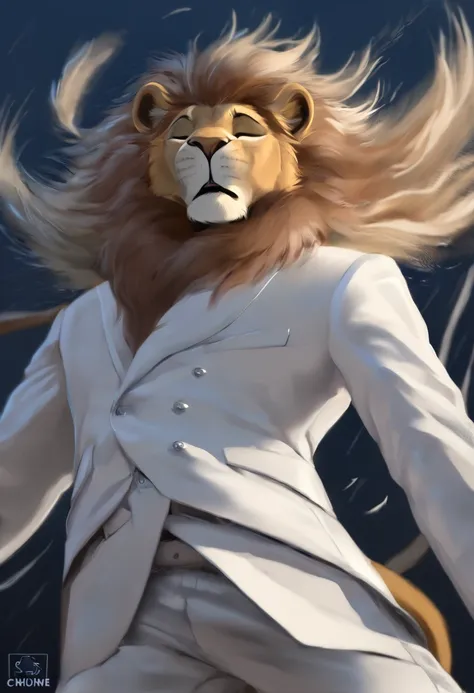 Art of a lion fursona, in Mane hairstyle, wearing a white suit, model pose, stopped, wind, with eyes closed, at night in low background lighting.