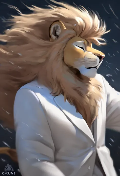 art of a lion fursona, in mane hairstyle, wearing a white suit, model pose, stopped, wind, with eyes closed, at night in low bac...