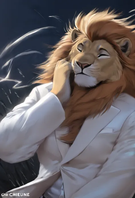 art of a lion fursona, in mane hairstyle, wearing a white suit, model pose, stopped, wind, with eyes closed, at night in low bac...