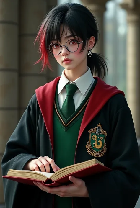 man,Black hair,Red tip,white skin,Red eyes,Wear glasses,Wearing a male student uniform,Hands holding a book,Ponytail,Green tie,Black student uniform,Ear piercing,Wear cross earrings,The shirt pocket has the Hogwarts logo.,Put on your Slytherin robes,