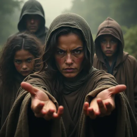 Close-up of a mother determined to protect her children, positioned in front of her family. Their eyes are fierce and focused, full of courage and urgency. The persons arms are protecting the children. Every detail of his face and hands is clear, his brow ...