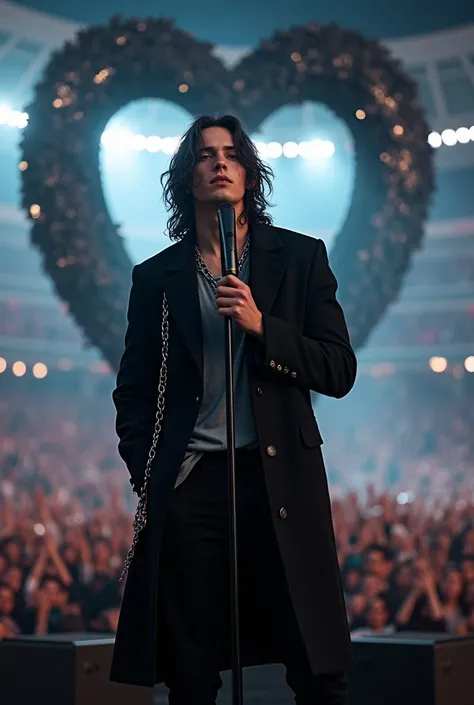 artwork best quality realistic image handsome american male teenager long black hair light skin wearing black closed overcoat with hanging chains, gray button-down shirt underneath and black pants. holding a black microphone in front of a giant black iron ...