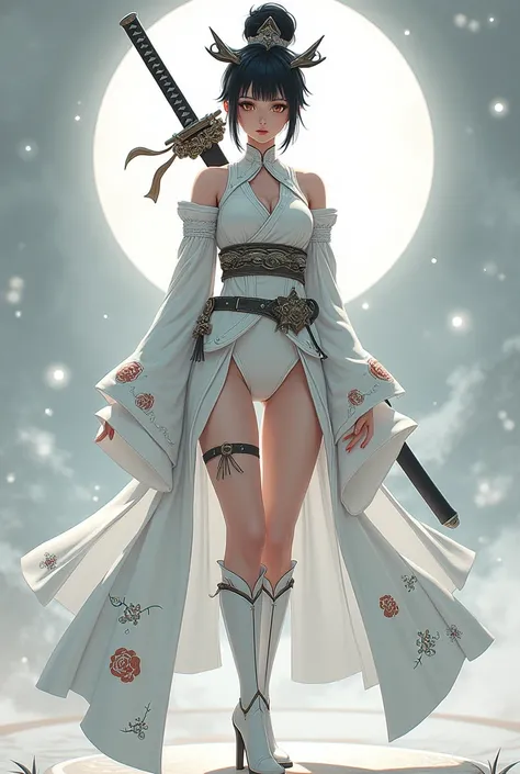 video game character dressed in a cartoon-style costume,
katanas strapped to their backs, white lunar themed costume ,Video game character Katana Zero, wearing kimono armor, inspired by Li Mei-shu, negotiating in pxiv, retrato de onmyoji, tifa lockhart por...