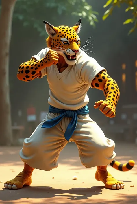 Jaguar with a defined human body in the Disney Pixar style with an aggressive face, with white ankle-length pants, white t-shirt, blue rope around the waist, Fighting Capoeira in the ginga position defending the face, one leg with the knee bent and the bac...