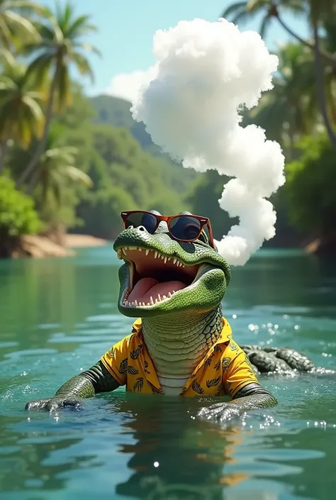 A laughing happy crocodile , hawaii shirt, sunglasses, swim at river, taking a realistic photo, vaping with big cloud