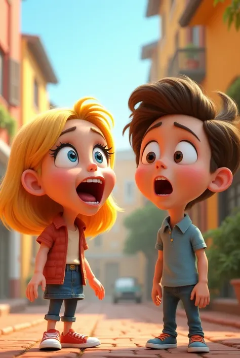 Cute cartoon character, a blonde girl and a brunette boy, gasping in realization


