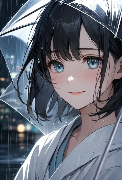 Upper body close-up（((masterpiece), on)"Perfect face, short black hair, beautiful eyes, Japanese, clean facial features, smiling softly as rain falls on her, with droplets running down her face—its unclear whether they are rain or tears. Her entire body is...