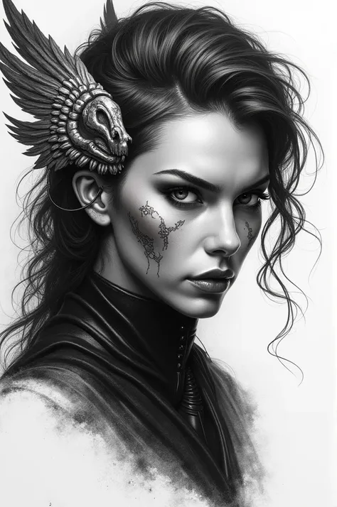 Female warrior style front face with skull and wings,black and white realistic drawing image 