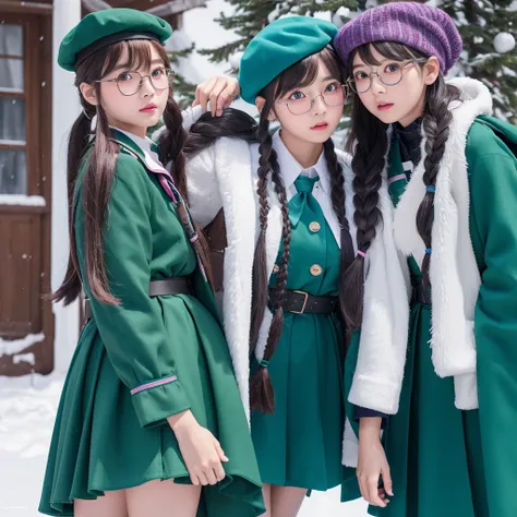 photo realistic, photo realistic, twintail braid blueandpink hair, beret, glasses church twins adultwoman sisters black eyes, longsleeve greenuniform, greenberet greenskirt cape girlscout korean sash belt neckerchief meritbadge skillrange backpack snow chr...