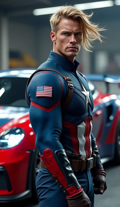 a muscular man with blonde hair in a blue and red uniform, captain america, holding the shield, posing next to a red and blue porsche sports car, extremely detailed, highly detailed, extremely realistic, cinematic lighting, epic, dramatic, intricate detail...