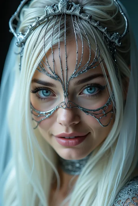 A photograph of a face from the front. Beautiful woman with perfect measurements, like Anjelina Jolie, with a cyber metal mask. Her hair is white and her eyes are blue. Long hair., Hair between eyes, blush, make-up, Heterochromia, light smile, Bright pupil...