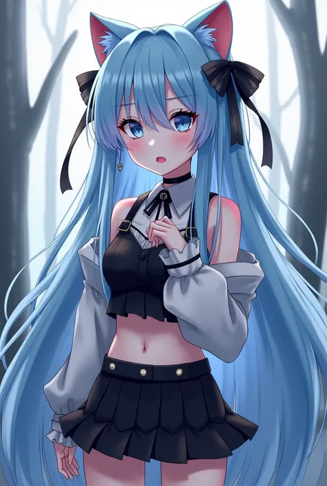 Cute, goth, High Resolution, Parted Bangs, Absurdly Long Hair, Light Blue Hair, Hair Over One Eye, high ponytailsLarge breasts, Cat Ears, Earrings, Blush, Parted Lips, blue eyes, red lips, Looking at viewer, Hair Ribbon, black white crop top, black miniski...