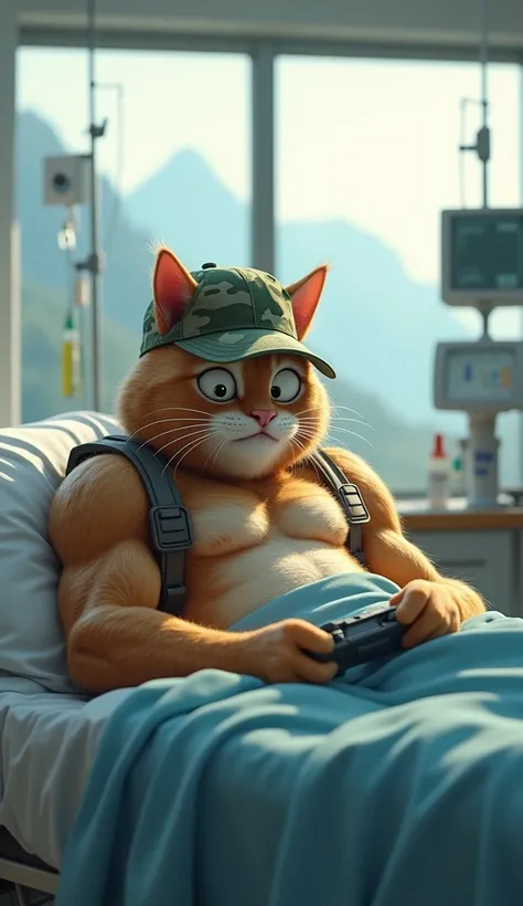 The same anthropomorphic cat is now sitting in a hospital bed, wrapped in bandages, yet still showing its muscular form. The cat appears less aggressive, with wide eyes and a surprised or amused expression, possibly playing a video game or holding a device...