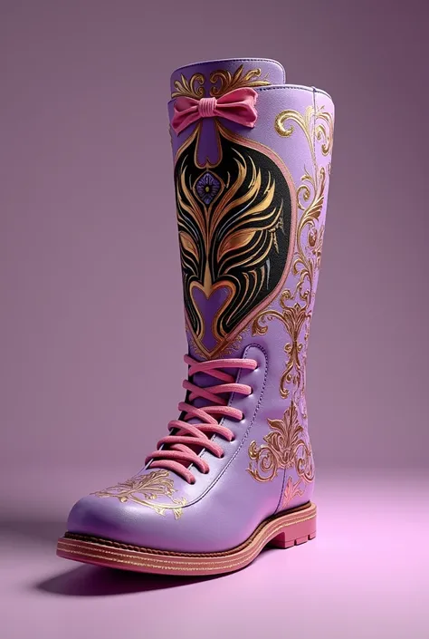 Creates an image of a professional wrestlers boot with lilac and light pink details that features a print of a professional lucha libre mask with gold Devoti  