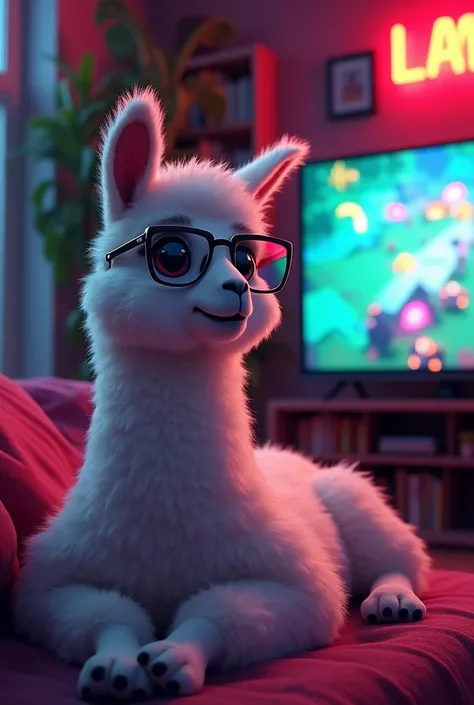 I WANT YOU TO CREATE A LLAMA THAT HAS GLASSES AND IS WATCHING TELEVISION, MAS COLOR GAMER

