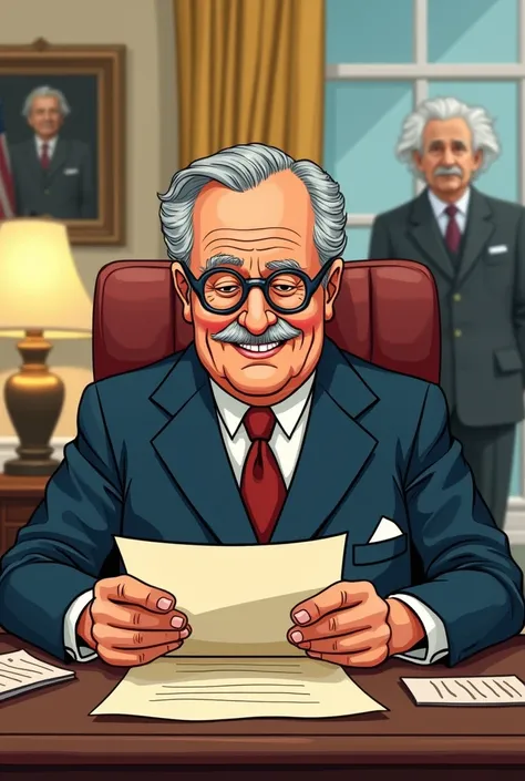 *Cartoon drawing of Franklin D.. Roosevelt reading a letter in his office, with a blurry image of einstein in the background.
