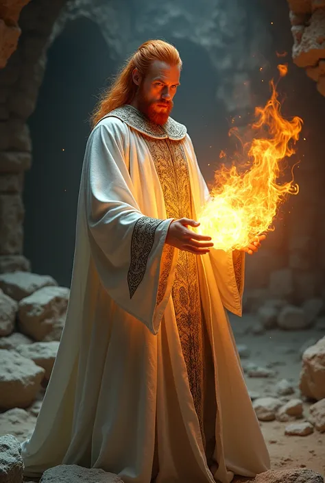 a powerful red-haired mage wearing a white robe with intricate details, sleeve edges, hems and collar with magical and runic symbols. he is in a cave amidst the ruins of a lost civilization, medieval fantasy rpg cenario, masterpiece, high resolution, Award...