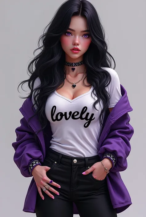 A fair-skinned, mesomorphic teenager. She has long wavy black hair., purple eyes. Wear a low-cut t-shirt, fitted and high-necked purple shirt adorned with the word "lovely". He also wears long black jeans., as well as purple sneakers decorated with black h...