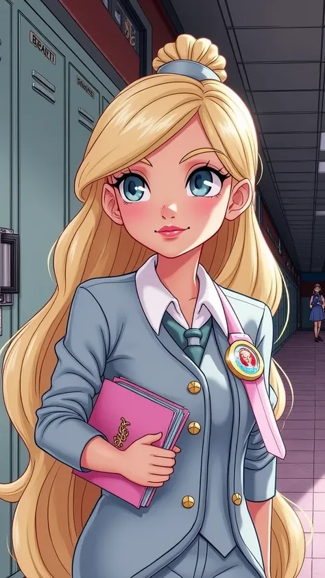 A Disney princess wearing  uniform because she is a busy Student Body Organization President.